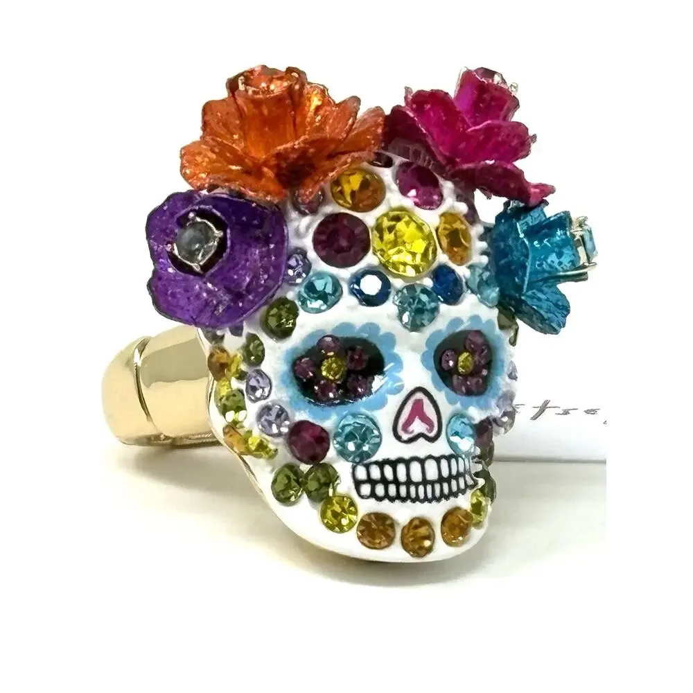Betsey Johnson Sugar Skull Stretch Ring Day Of The Dead Goth Crystals NO BOX
